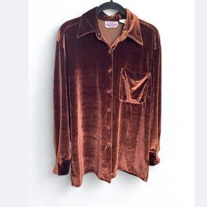 Vintage 90s Velvet Button Down Shirt Brown Oversized Casualaire Size M